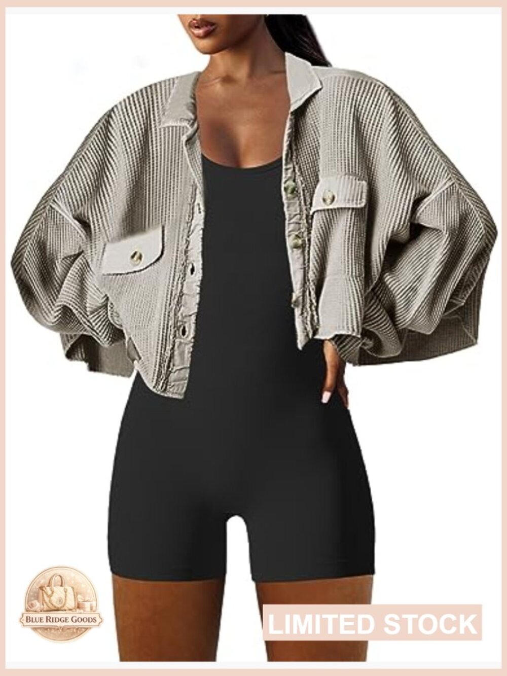 Cropped Waffle Knit Shacket Short Button Down Jacket Batwing Sleeve Pocket - Picture 4 of 6